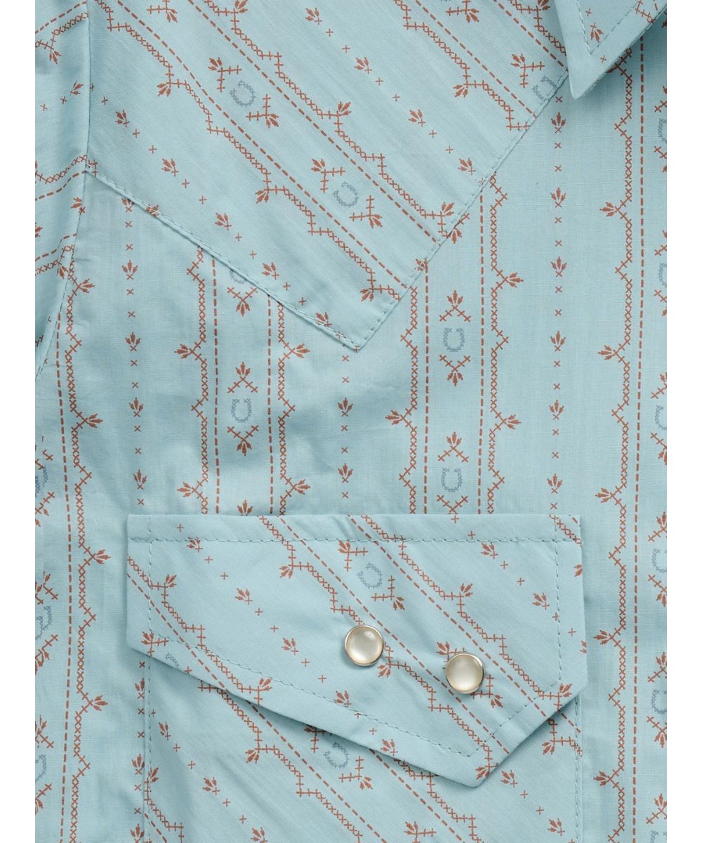 Close-up view of the horseshoe print and rust striped print, and the offset double snap chest pockets