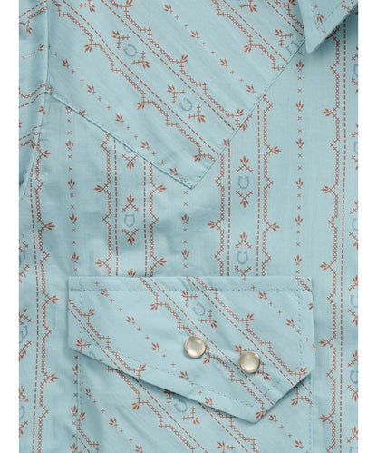 Close-up view of the horseshoe print and rust striped print, and the offset double snap chest pockets