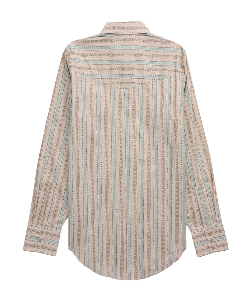 Back view of the women's beige long sleeve pearl snap shirt featuring the single point western yokes and striped print