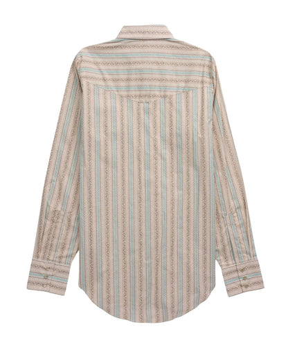 Back view of the women's beige long sleeve pearl snap shirt featuring the single point western yokes and striped print