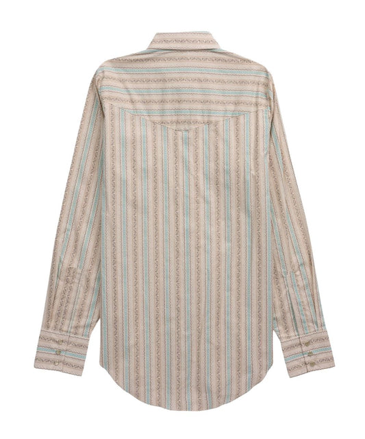 Back view of the women's beige long sleeve pearl snap shirt featuring the single point western yokes and striped print