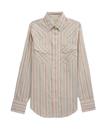Front view of the women's long sleeve pearl snap shirt