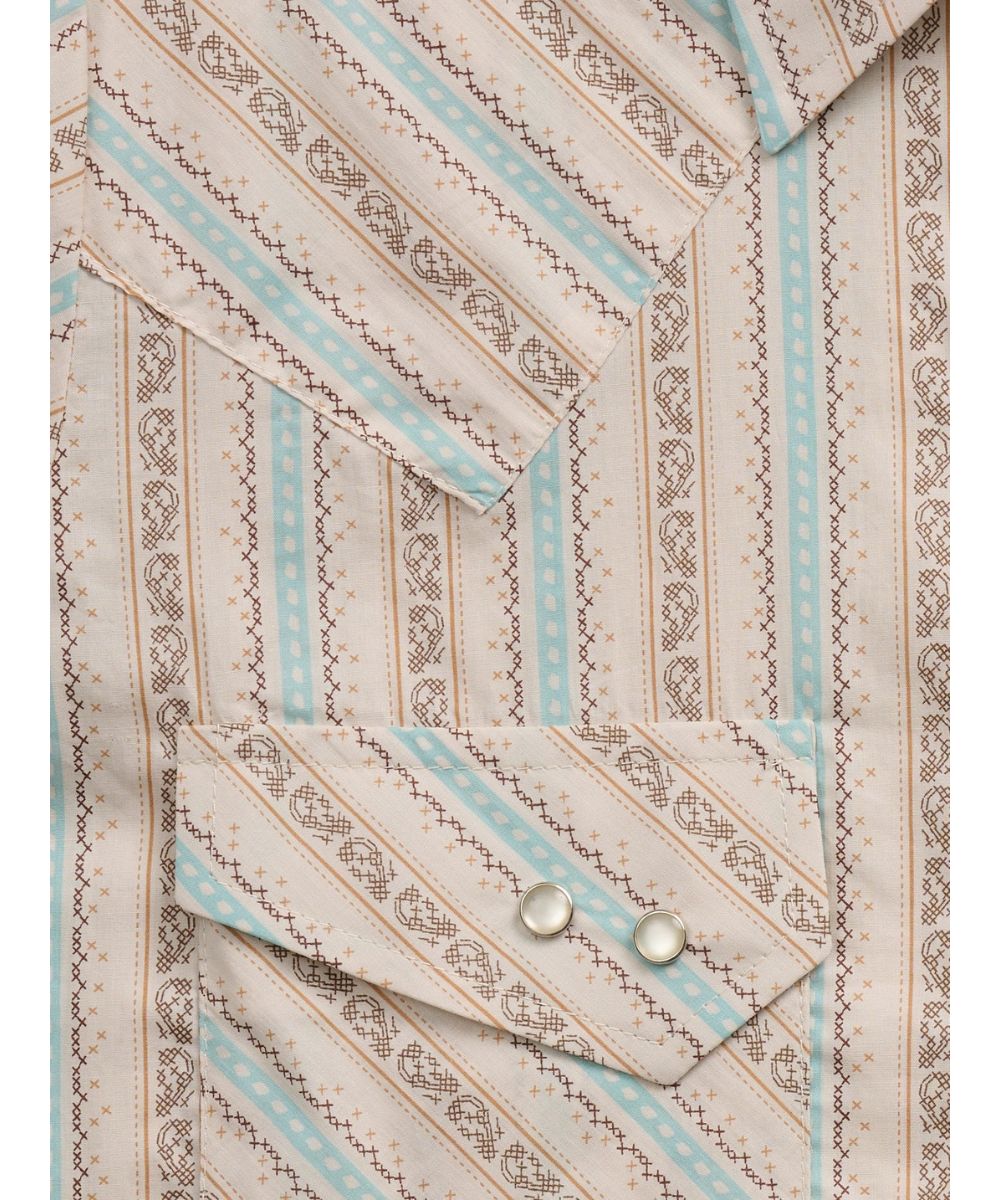 Close-up view of the double snap offset chest pockets, turquoise buckstitch print, and striped print