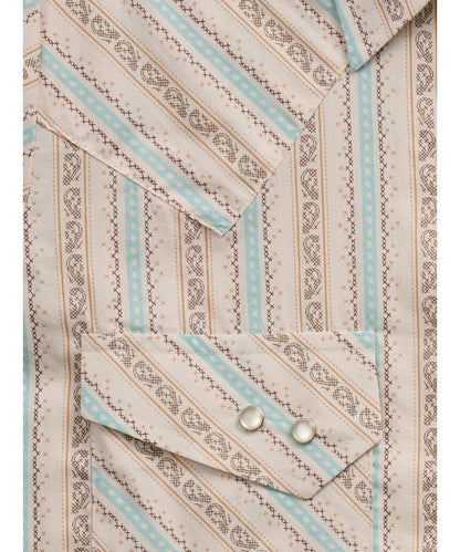 Close-up view of the double snap offset chest pockets, turquoise buckstitch print, and striped print