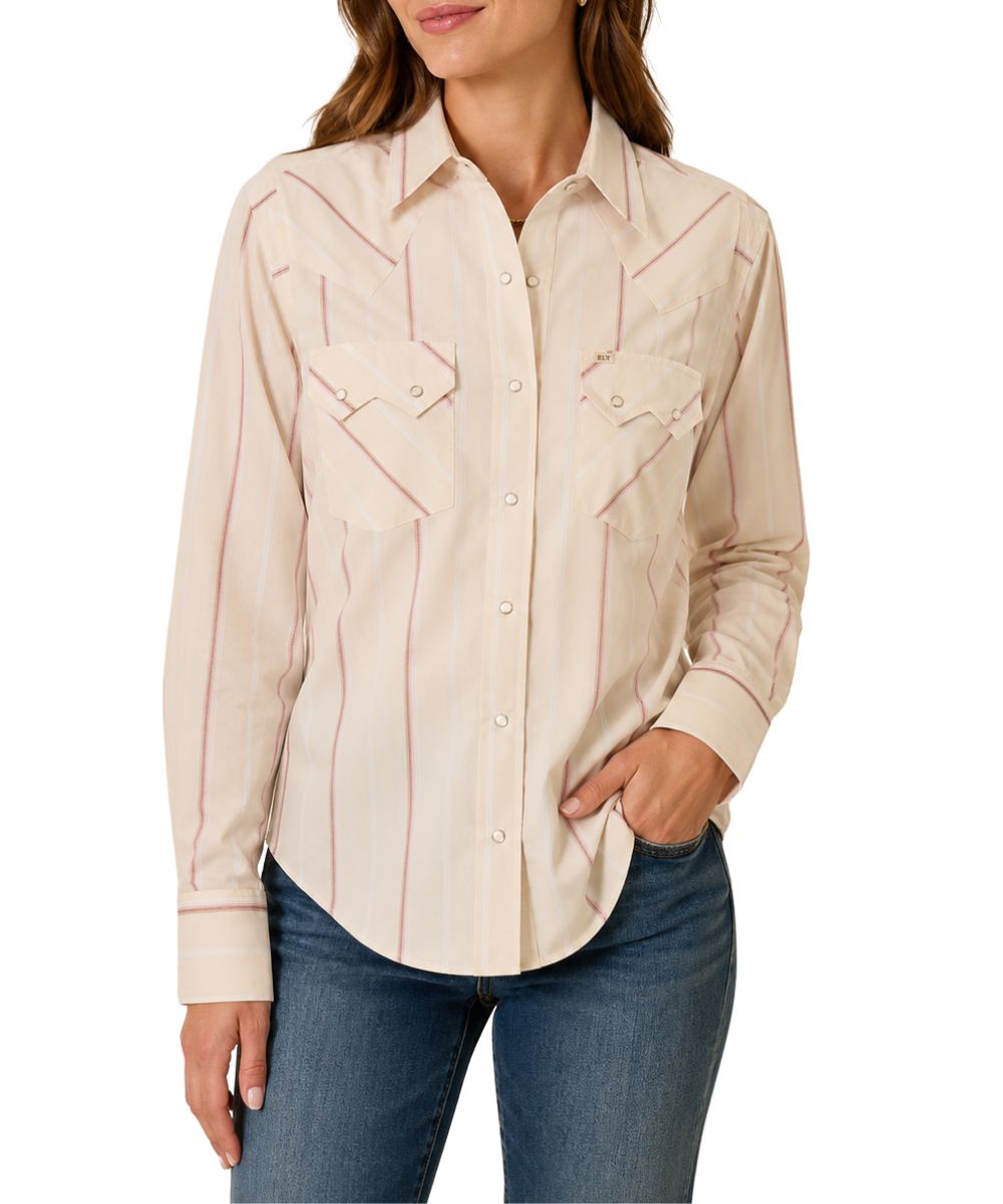 Women's Long Sleeve Western Snap Shirt Featuring A Buttermilk Striped Print