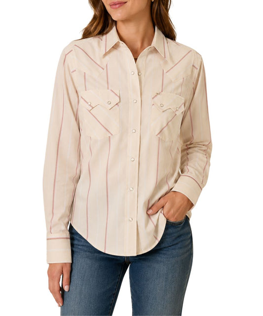 Women's Long Sleeve Western Snap Shirt Featuring A Buttermilk Striped Print