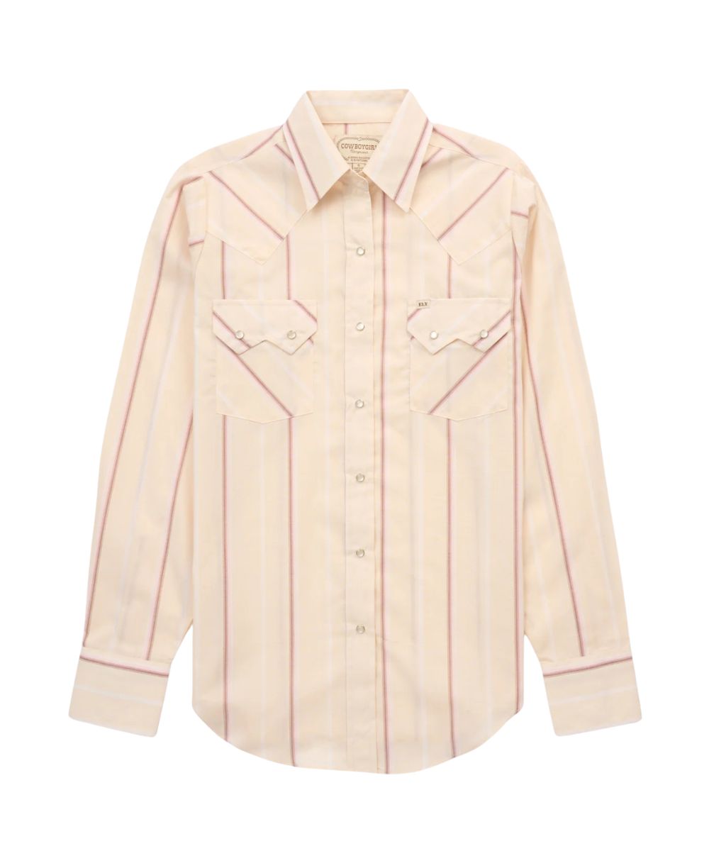 Women's Cream Long Sleeve Western Snap Shirt Featuring Sawtooth Snap Flap Chest Pockets And Ecru Pearl Snaps