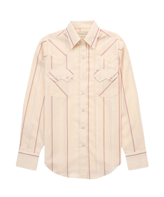 Women's Cream Long Sleeve Western Snap Shirt Featuring Sawtooth Snap Flap Chest Pockets And Ecru Pearl Snaps