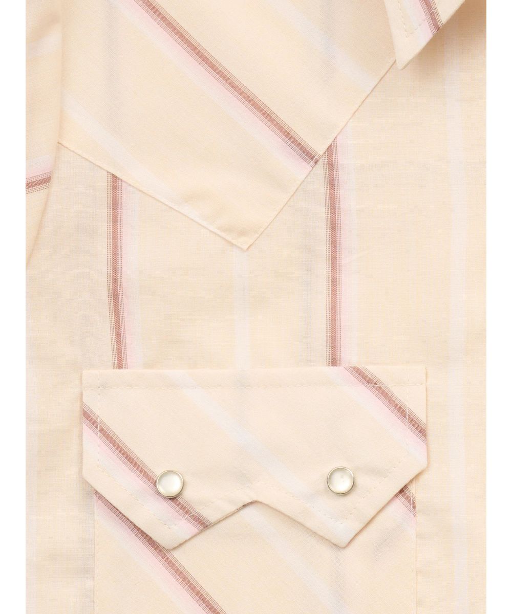 Close-Up View Of The Buttermilk Striped Print, Western Yokes, And Sawtooth Snap Flap  Chest Pockets