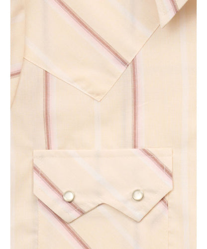 Close-Up View Of The Buttermilk Striped Print, Western Yokes, And Sawtooth Snap Flap  Chest Pockets