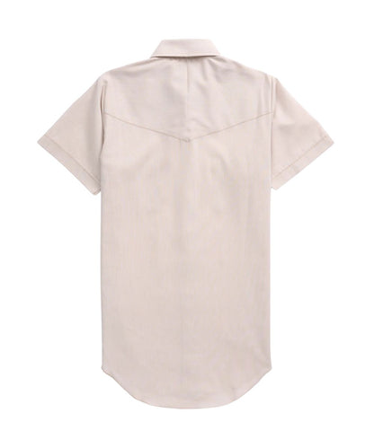 Back view of the women's dust chambray short sleeve snap shirt featuring a single point yoke