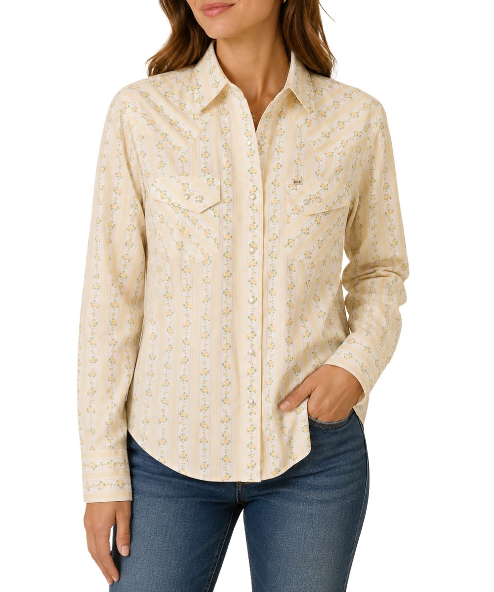 Women's Cream Long Sleeve Western Snap Shirt Featuring A Buttermilk Rose Striped Print