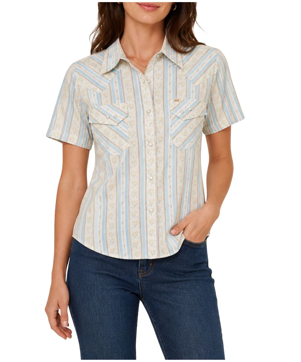 Women's Short Sleeve Pearl Snap Western Shirt Featuring A Blossom Spurs And Golden Penrod Striped Print