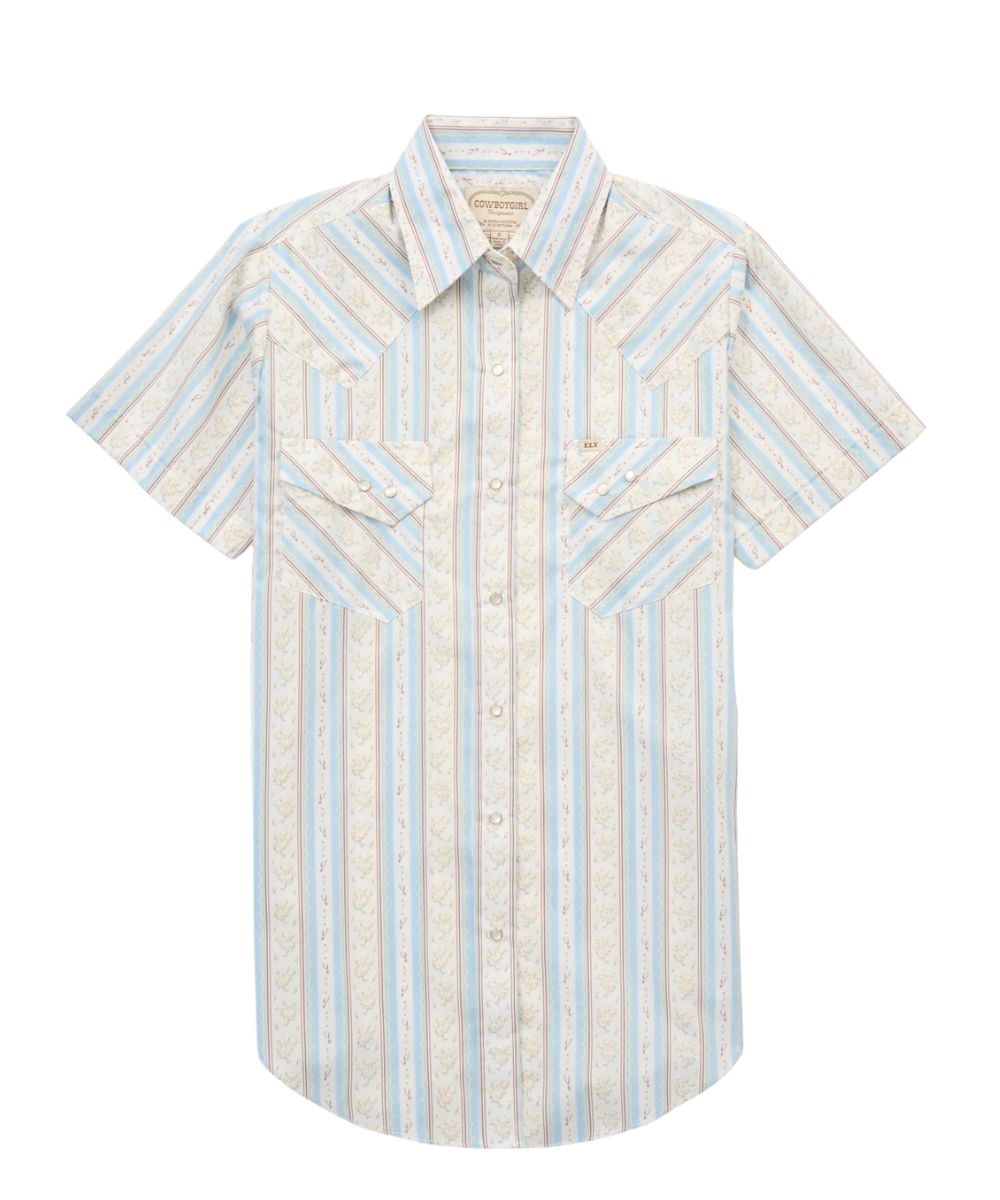Women's Loose Fit With Extra Length Pearl Snap Shirt Featuring Chest Pockets, Western Yokes, And A Striped Print