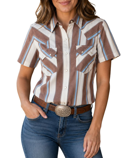 Front view of a woman modeling the short sleeve snap shirt featuring ecru pearl snaps, chest pockets, and western yokes