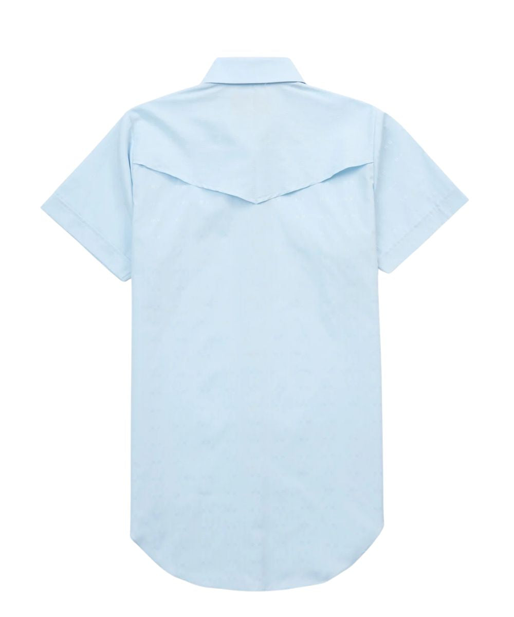 Back View Of The Women's Light Blue Snap Shirt Featuring Vented Western Yokes With Mesh Lining