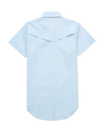 Back View Of The Women's Light Blue Snap Shirt Featuring Vented Western Yokes With Mesh Lining