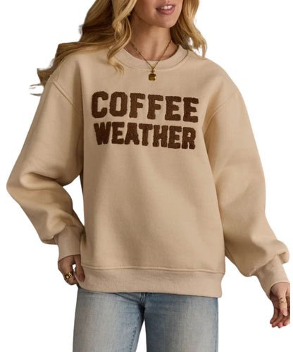 Front view of the women's Panache Apparel long sleeve crew neck sweatshirt with dark brown embroidered text on the front that reads: "Coffee Weather"