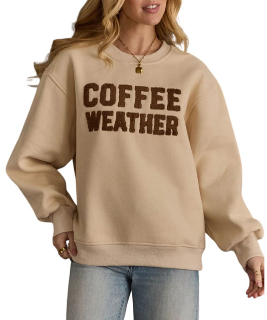 Front view of the women's Panache Apparel long sleeve crew neck sweatshirt with dark brown embroidered text on the front that reads: "Coffee Weather"