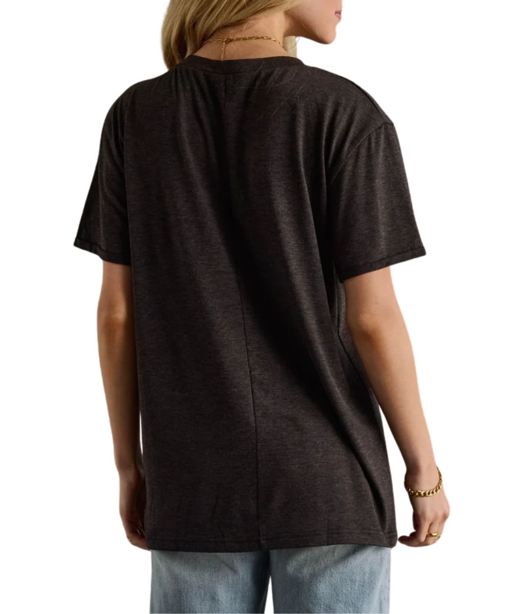 Back view of the women's oversized heather black graphic tee