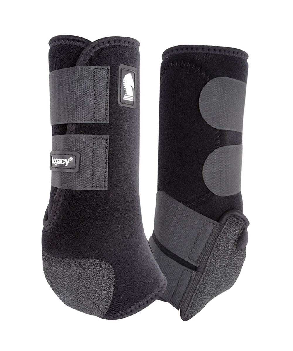 black hind support boots for a horse