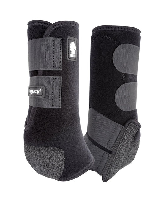 black hind support boots for a horse