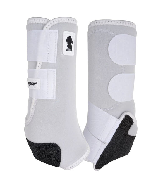 A pair of white horse leg boots with black protective accents on the heels, shown against a plain white background.