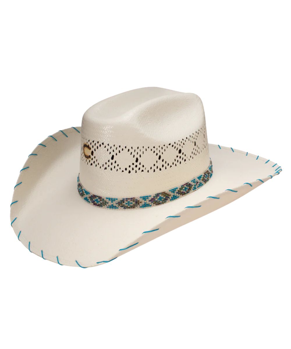 Left angled view of the girl's shantung straw western hat featuring a vented crown