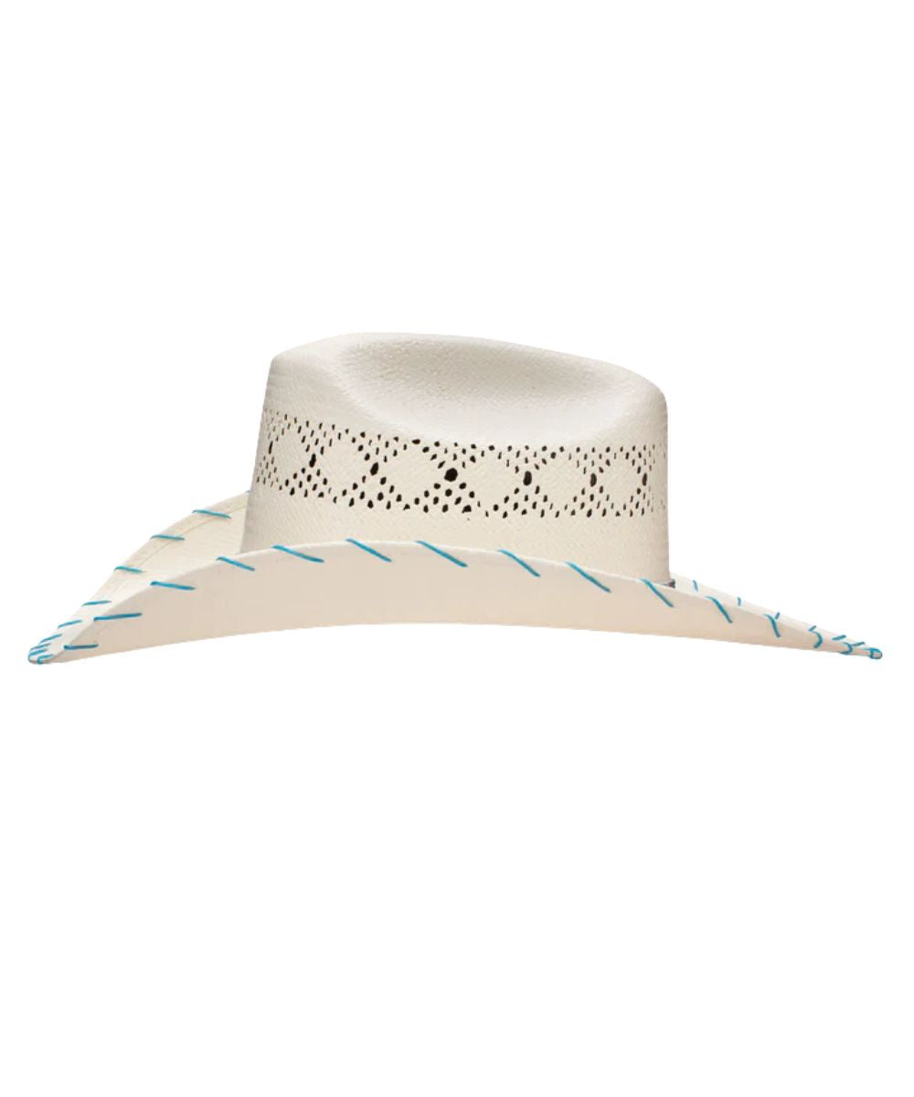 Left side view of the girl's shantung straw western hat featuring blue whipstitching accents on the brim