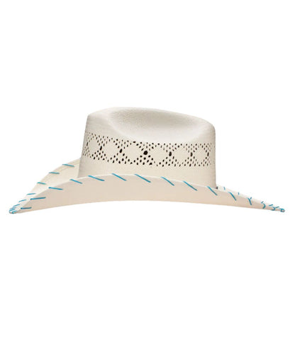 Left side view of the girl's shantung straw western hat featuring blue whipstitching accents on the brim