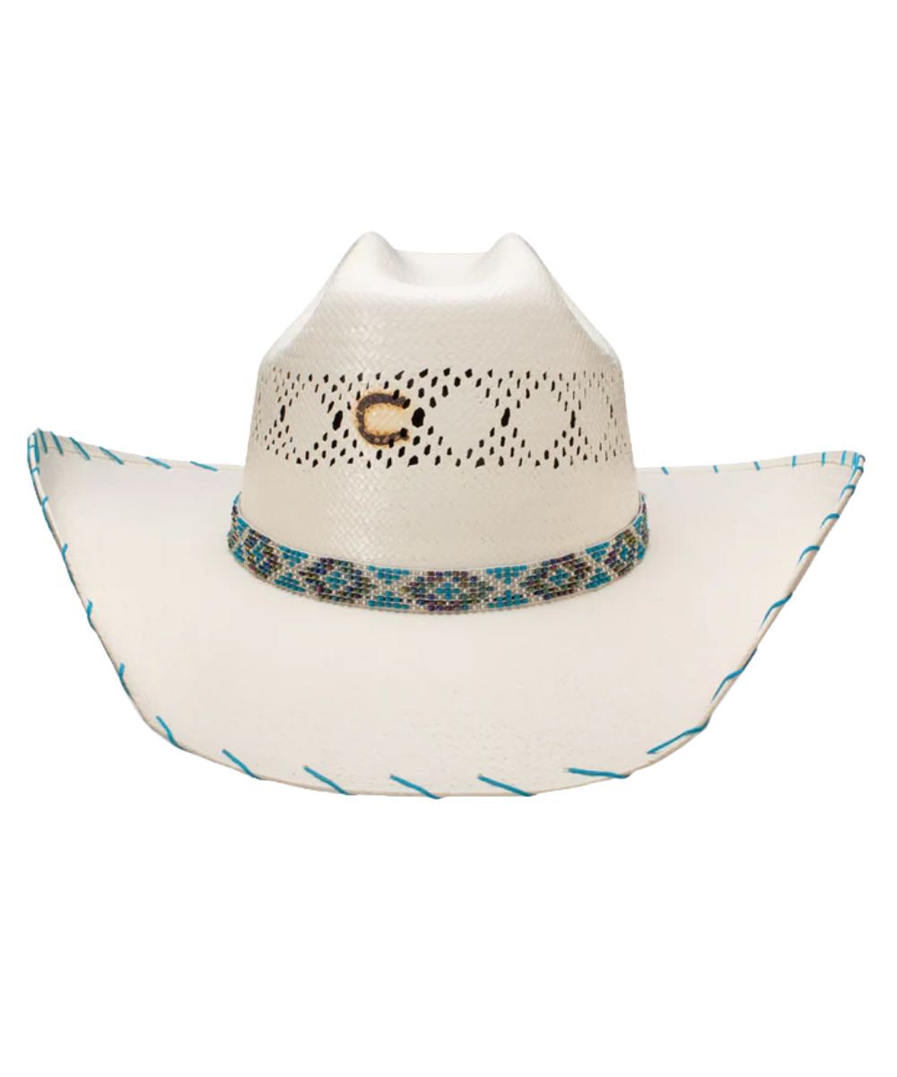 Front view of the girl's natural shantung straw hat featuring an off-center rusty charlie 1 horse branded logo
