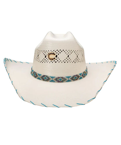 Front view of the girl's natural shantung straw hat featuring an off-center rusty charlie 1 horse branded logo