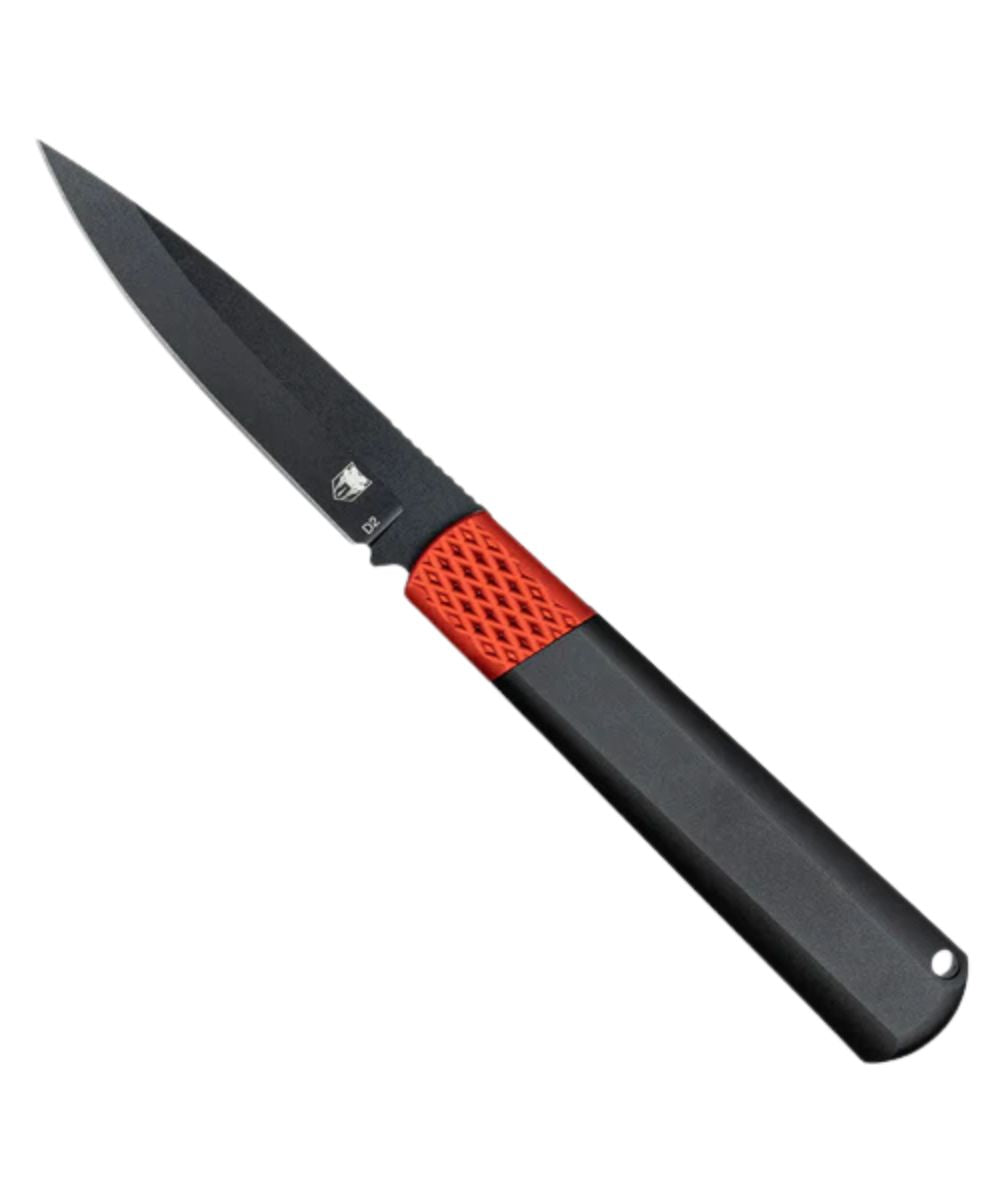 Side view of the black gideon hidden release knife with a red bolster