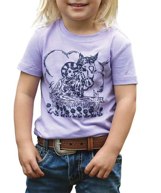 Front view of the toddler girl's lilac tee featuring a screen-printed cowgirl puff graphic on the front
