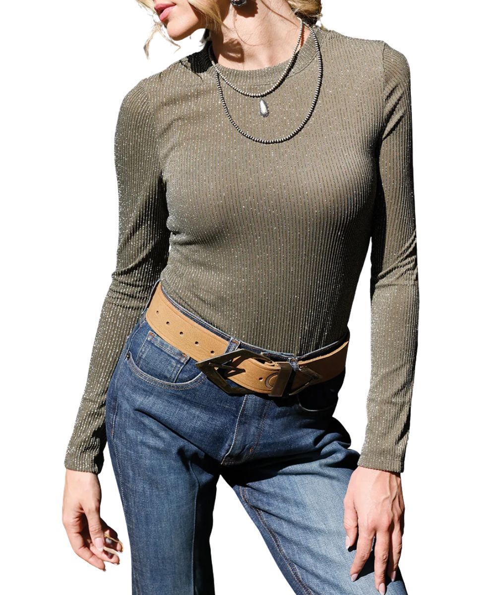 Front view of the women's olive Cruel Girl Metallic Knit Top featuring the long sleeves, crew neck, and metallic glitter vertical stripes