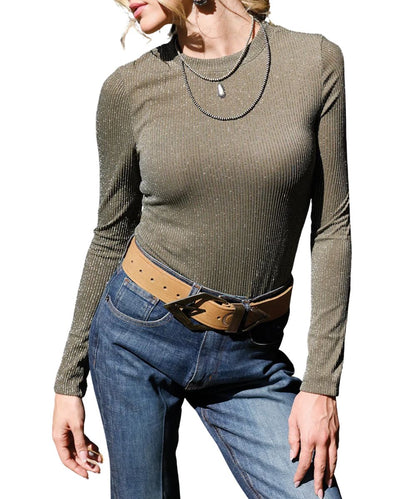 Front view of the women's olive Cruel Girl Metallic Knit Top featuring the long sleeves, crew neck, and metallic glitter vertical stripes