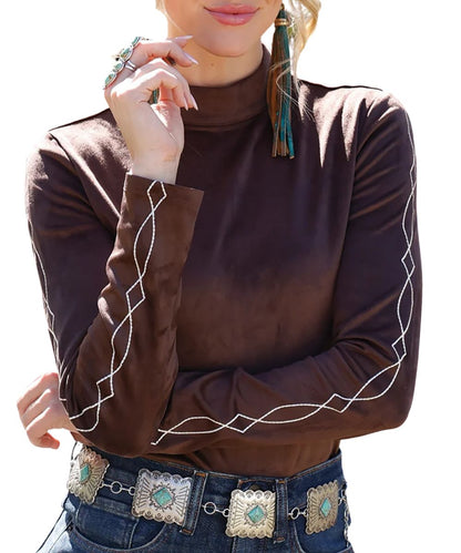 Front view of the women's brown faux suede Cruel Girl long sleeve top featuring the mock neck and contrast western embroidery on the sleeves