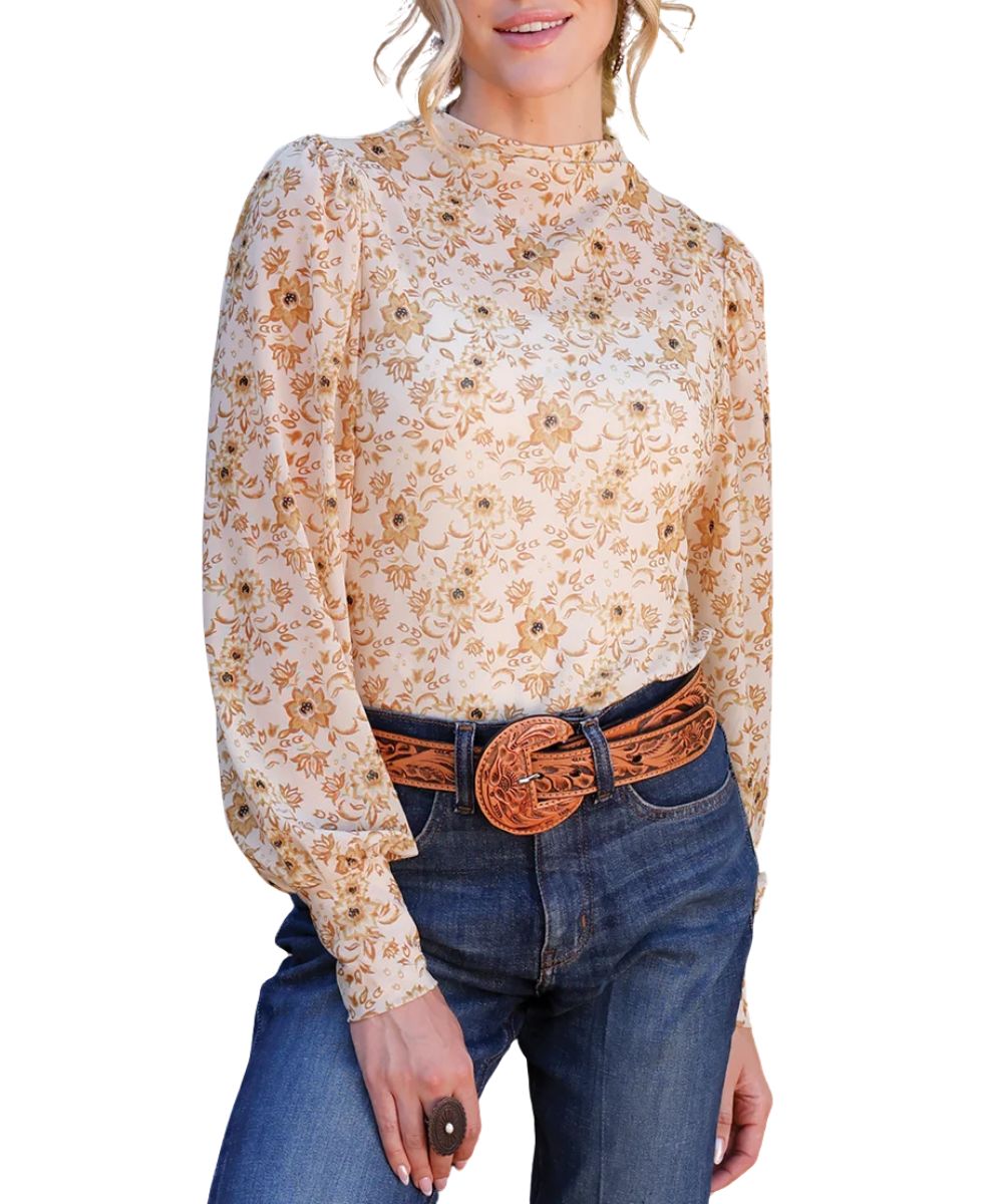 Front view of the women's cream Cruel Girl long sleeve mesh blouse featuring the mock neck, long blouson sleeves, and the floral print