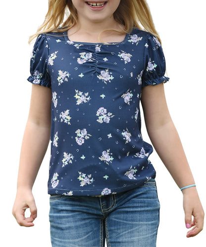 Front view of the girl's short sleeve navy floral print top