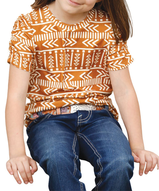 Front view of the girl's gold Cruel Girl Sweater Knit Tee featuring the white southwestern print, short ruched sleeves, and a gathered hem