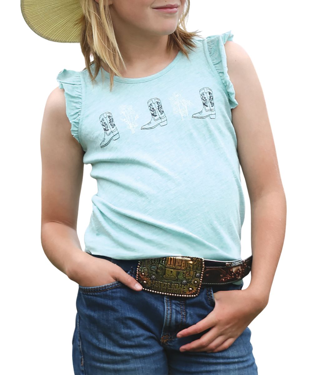 Front view of the girl's sleeveless light blue tank top featuring ruffled cap sleeve detailing and embroidered boot graphics on the chest