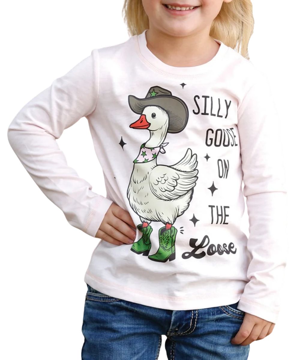 Front view of the toddler girl's long sleeve graphic tee featuring the front screen-printed goose graphic that reads: "Silly goose on the loose"
