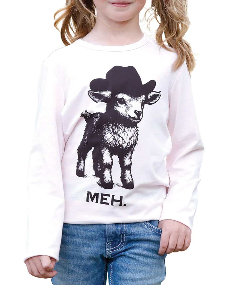 Model view of the girl's long sleeve pink tee featuring the front screen-printed goat graphic with script that reads: "Meh."
