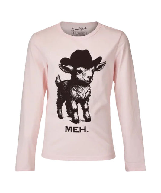 A light pink long-sleeve crewneck t-shirt featuring a black graphic of a cartoon baby goat wearing a cowboy hat, with the text 'MEH.' printed below it.