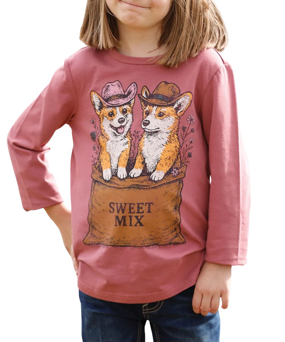 Front view of the girl's pink Cruel Girl long sleeve graphic tee featuring the crew neck and front screen-printed corgi dog graphic that reads: "Sweet Mix"