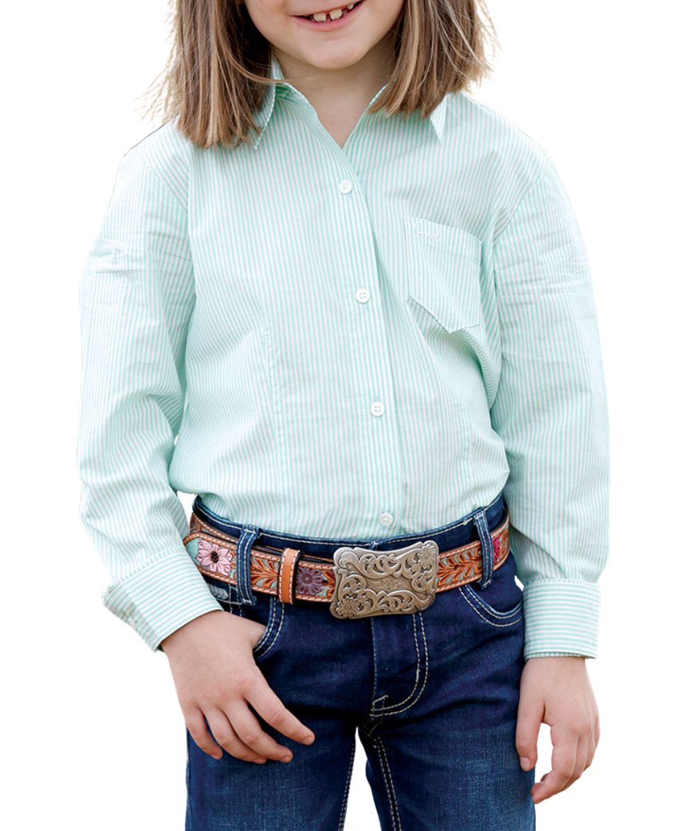 Front view of the girl's Cruel Girl Turquoise Striped Western Button Down Shirt featuring the single open chest pocket and striped print