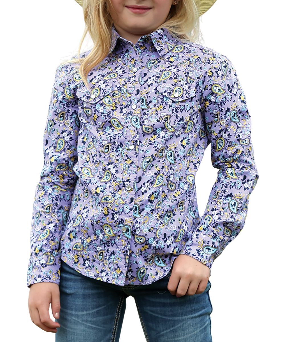 Front view of the girl's long sleeve snap shirt featuring clear rhinestone snaps and western yokes