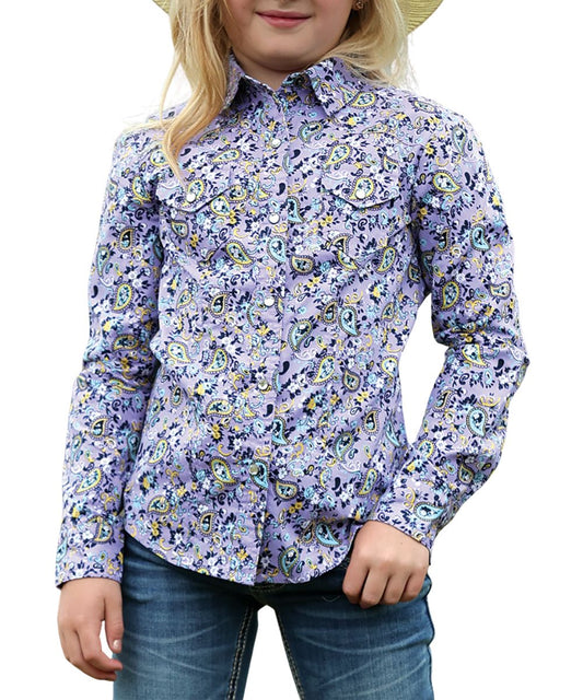 Front view of the girl's long sleeve snap shirt featuring clear rhinestone snaps and western yokes