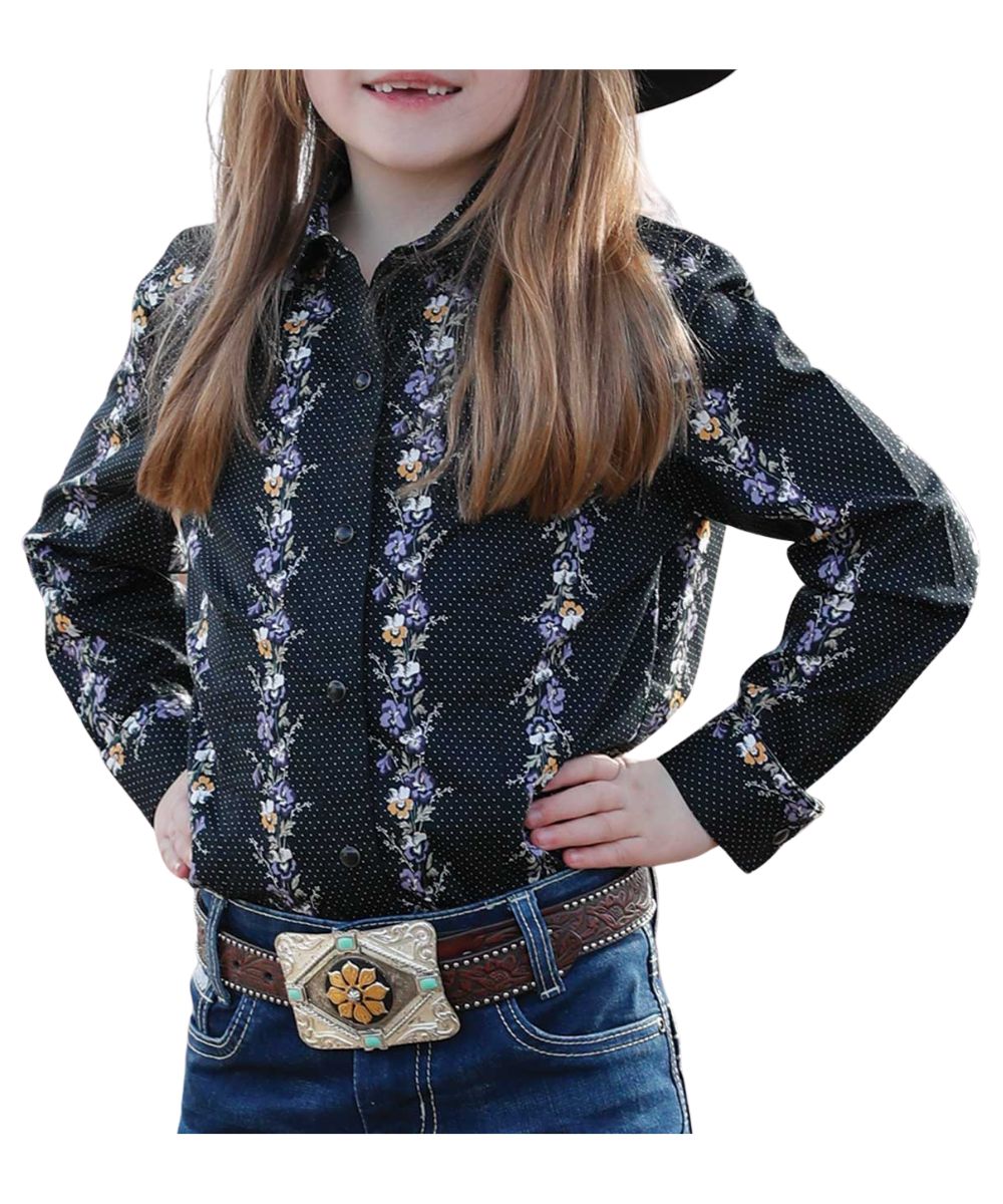 Girl's Black Long Sleeve Western Shirt Featuring A White Dotted Pattern With A Floral Stripe Print And A Pearl Snap Closure