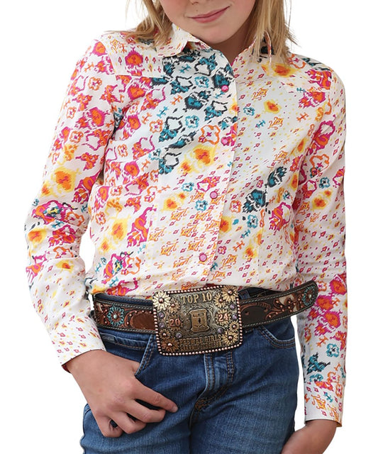 Girl's Long Sleeve White Snap Shirt Featuring A Multicolored Geometric Print And Pink Rhinestone Snaps